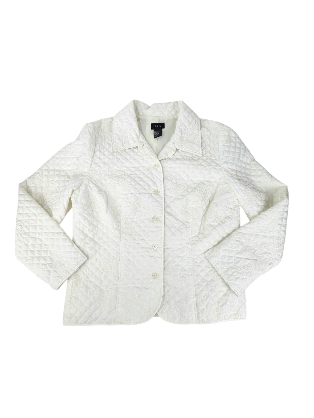 R.Q.T Women's Quilted Embroidered Jacket Ivory Floral Button Front Lined Size L - Picture 8 of 16